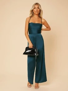 SHEIN PETITE Solid Criss Cross Backless Lace Up Jumpsuit - Teal Blue - View 4