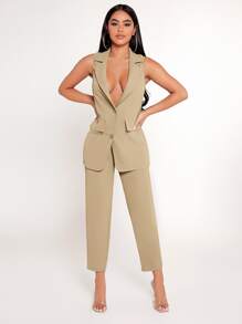 SHEIN PETITE Solid Single Breasted Vest Blazer & Trousers Set - Khaki - View 1