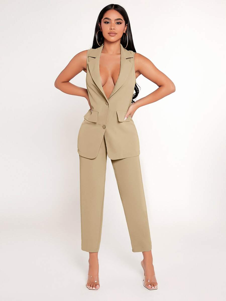SHEIN PETITE Solid Single Breasted Vest Blazer & Trousers Set - Khaki - View 1
