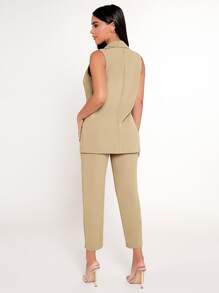 SHEIN PETITE Solid Single Breasted Vest Blazer & Trousers Set - Khaki - View 2