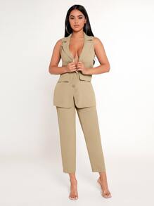 SHEIN PETITE Solid Single Breasted Vest Blazer & Trousers Set - Khaki - View 3