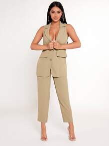 SHEIN PETITE Solid Single Breasted Vest Blazer & Trousers Set - Khaki - View 5