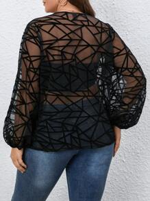 SHEIN LUNE Plus Geo Print Lantern Sleeve Top Without Tube Top - Black - View 2