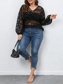 SHEIN LUNE Plus Geo Print Lantern Sleeve Top Without Tube Top - Black - View 3