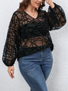 SHEIN LUNE Plus Geo Print Lantern Sleeve Top Without Tube Top - Black - View 5