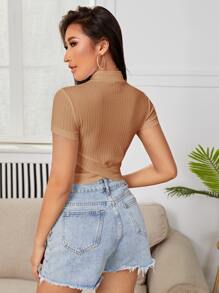 SHEIN PETITE Criss Cross Rib Knit T-shirt - Apricot - View 2