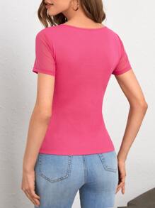 SHEIN Clasi Zip Half Placket Flap Detail Mesh Sleeve Tee - Pink - View 2