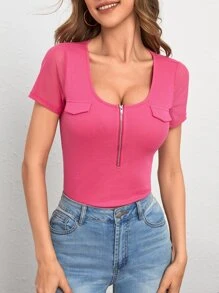 SHEIN Clasi Zip Half Placket Flap Detail Mesh Sleeve Tee - Pink - View 5