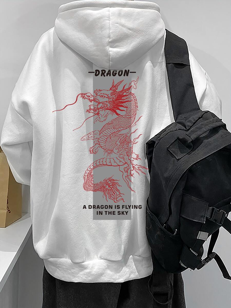 Manfinity Men Slogan & Chinese Dragon Graphic Kangaroo Pocket Drawstring Hoodie - White - View 1