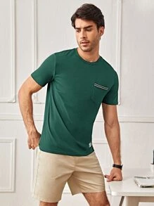 Manfinity VCAY Men Letter Patched Pocket Front Tee - Dark Green - View 3