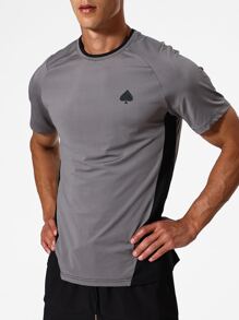 Men Contrast Panel Sports Tee Workout Tops - Dark Grey - View 1