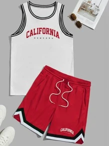 Manfinity RebelGame Men Letter Graphic Contrast Trim Tank Top & Drawstring Waist Shorts - Red and White - View 1