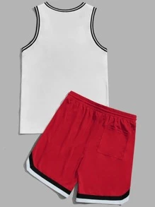 Manfinity RebelGame Men Letter Graphic Contrast Trim Tank Top & Drawstring Waist Shorts - Red and White - View 2