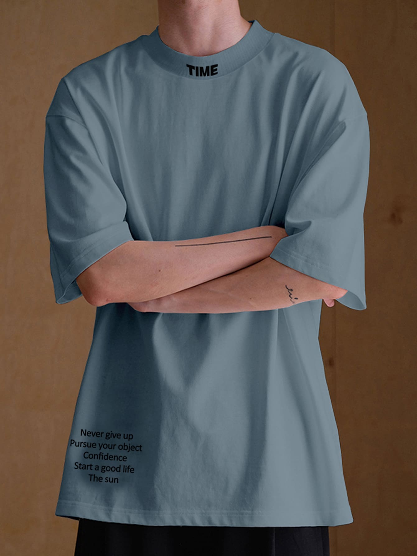 Manfinity Hypemode Men Slogan Graphic Mock Neck Tee - Dusty Blue - View 1