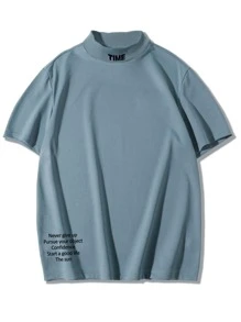 Manfinity Hypemode Men Slogan Graphic Mock Neck Tee - Dusty Blue - View 3