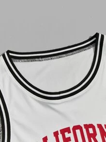 Manfinity RebelGame Men Letter Graphic Contrast Trim Tank Top & Drawstring Waist Shorts - Red and White - View 4