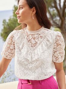 SHEIN Frenchy Top ribete con fruncido con encaje - Blanco - Ver 1