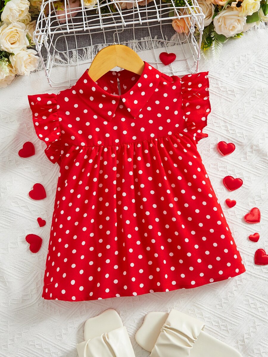 SHEIN Girls Polka Dot Print Ruffle Trim Blouse - Red - View 1