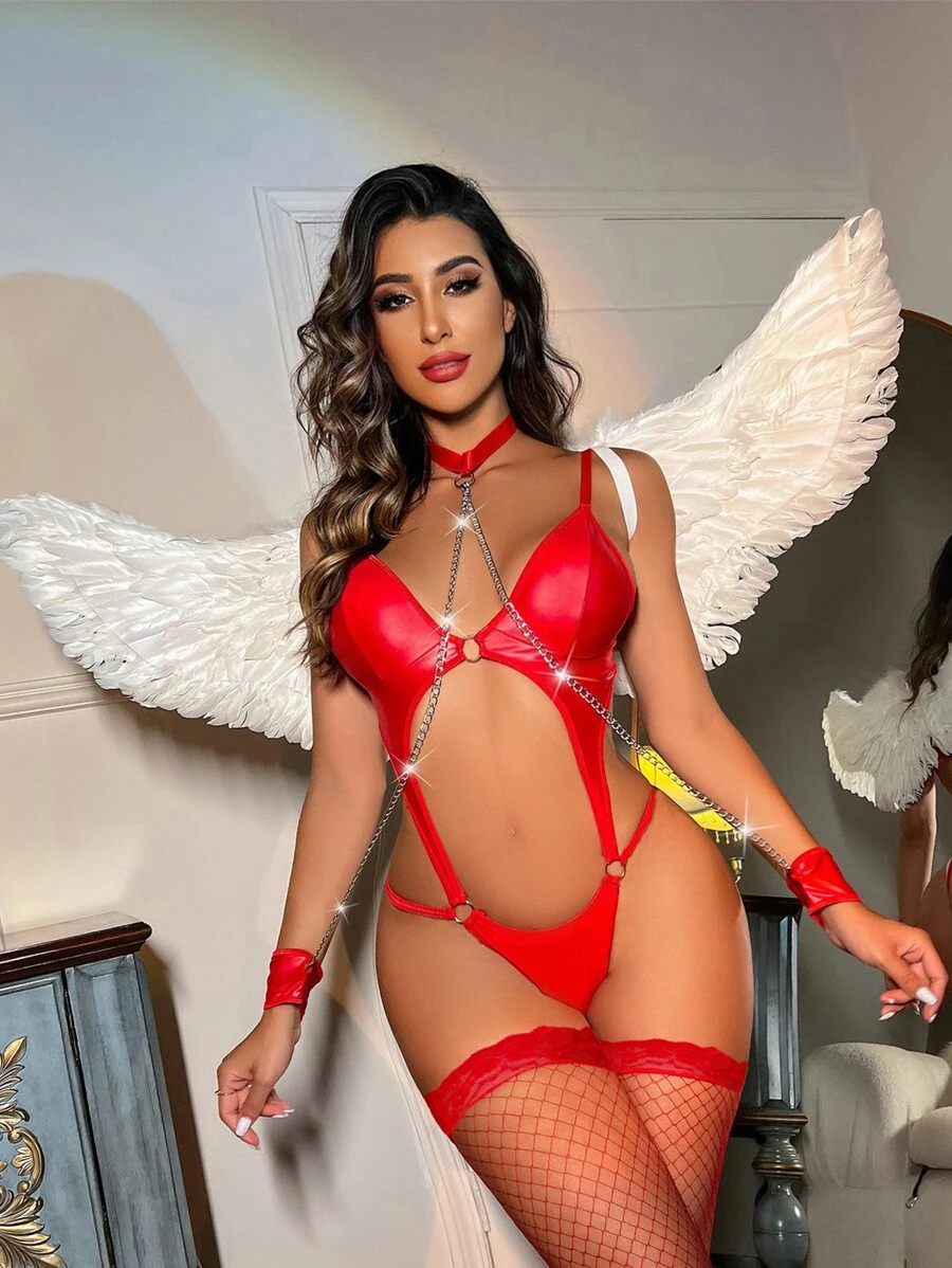 鏤空PU皮革性感緊身連體衣附項圈和長襪 - 紅色 - 查看 1