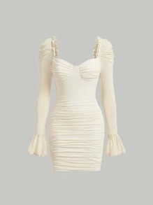 SHEIN MOD Sweetheart Neck Flounce Sleeve Ruched Bodycon Dress - Beige - View 1
