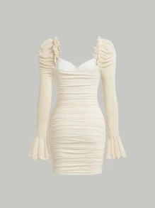 SHEIN MOD Sweetheart Neck Flounce Sleeve Ruched Bodycon Dress - Beige - View 2
