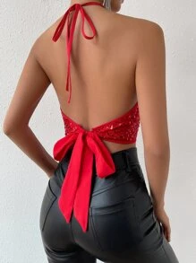 Allurite 露背短款亮片掛脖上衣 - 紅色 - 查看 2