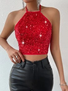 Allurite 露背短款亮片掛脖上衣 - 紅色 - 查看 3