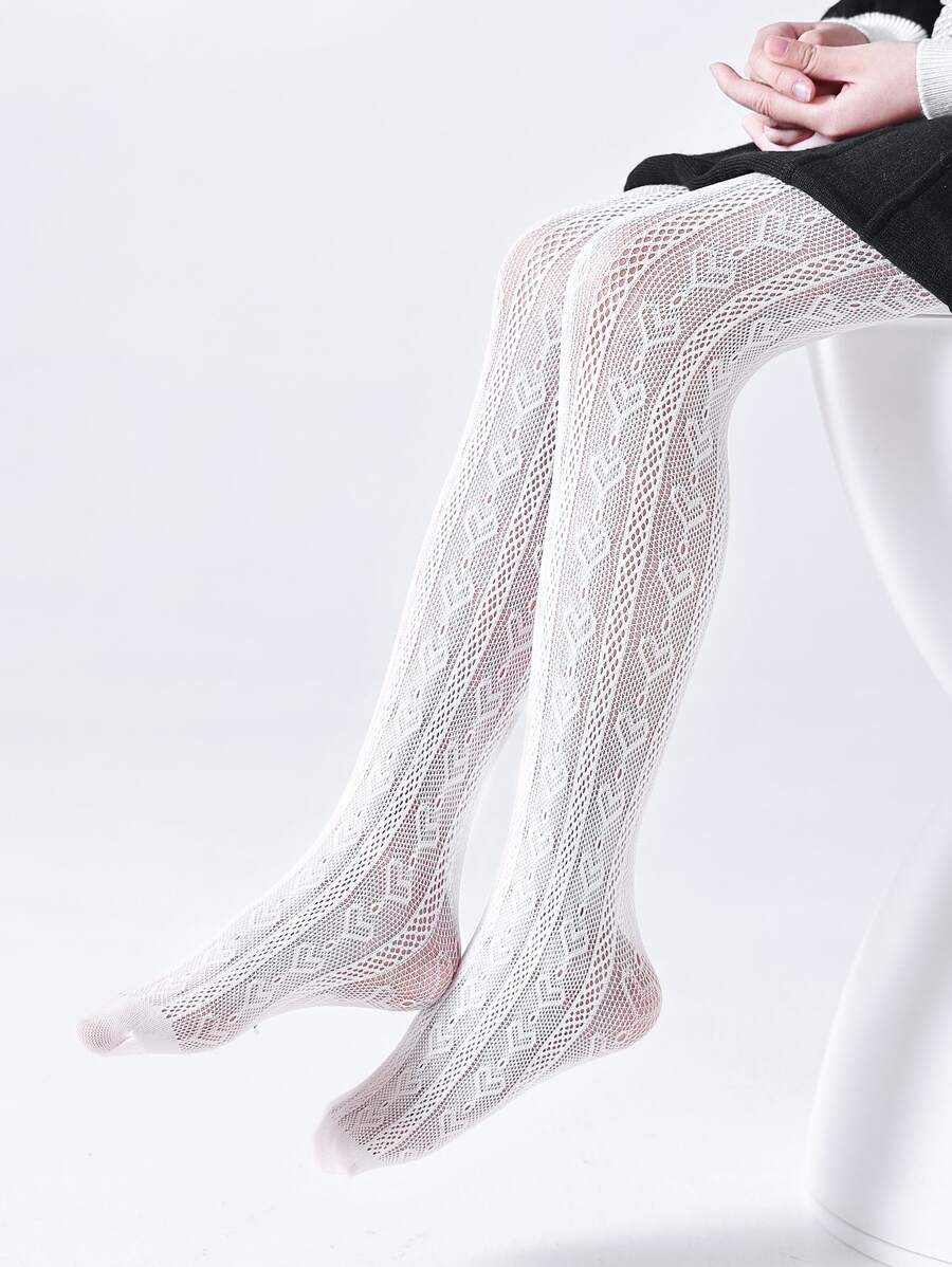 1條童裝網眼蕾絲空心心形紋褲襪,適合日常穿著 - 白色 - 查看 1