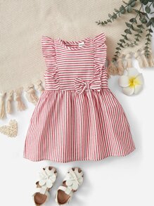 SHEIN Baby Bow Front Striped Dress - Red and White - View 1