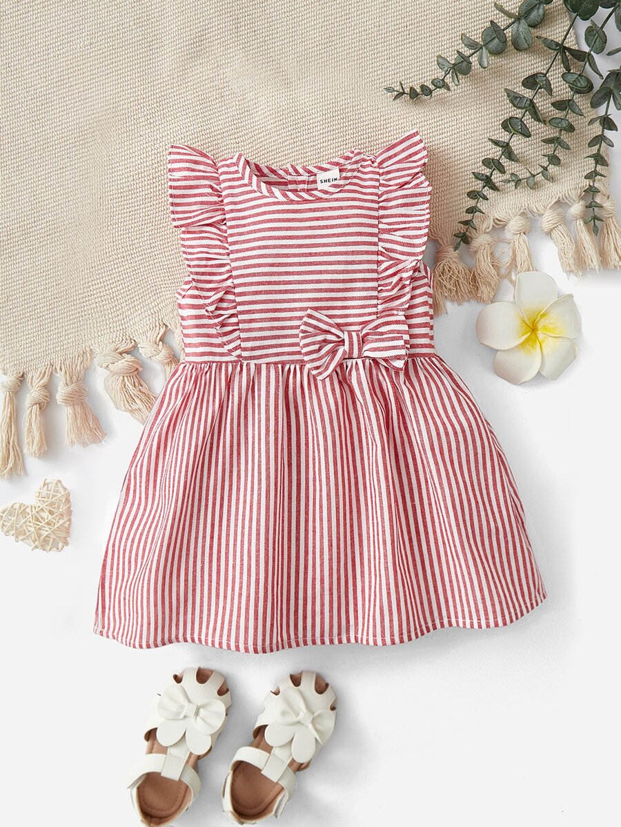 SHEIN Baby Bow Front Striped Dress - Red and White - View 1