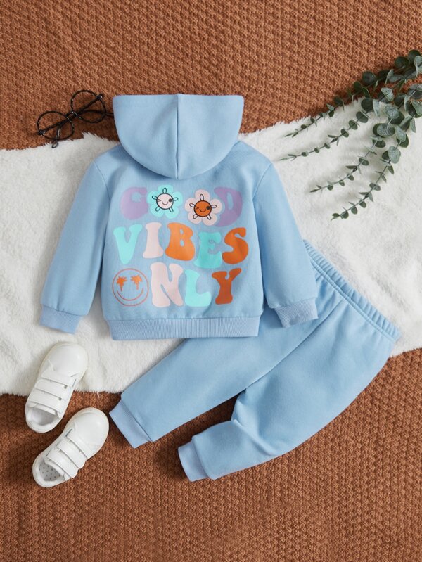 SHEIN 2 piezas Conjunto de sudadera con capucha y pantalones de felpa con estampado de letras para bebé niña