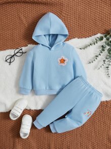 SHEIN 2pcs Baby Girl Letter Print Fleece Hoodie And Pants Set - Baby Blue - View 2