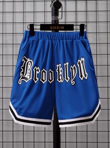 SHEIN 青少年男孩字母印花運動短褲,帶有條紋口袋 - 寶藍色 - 查看 1