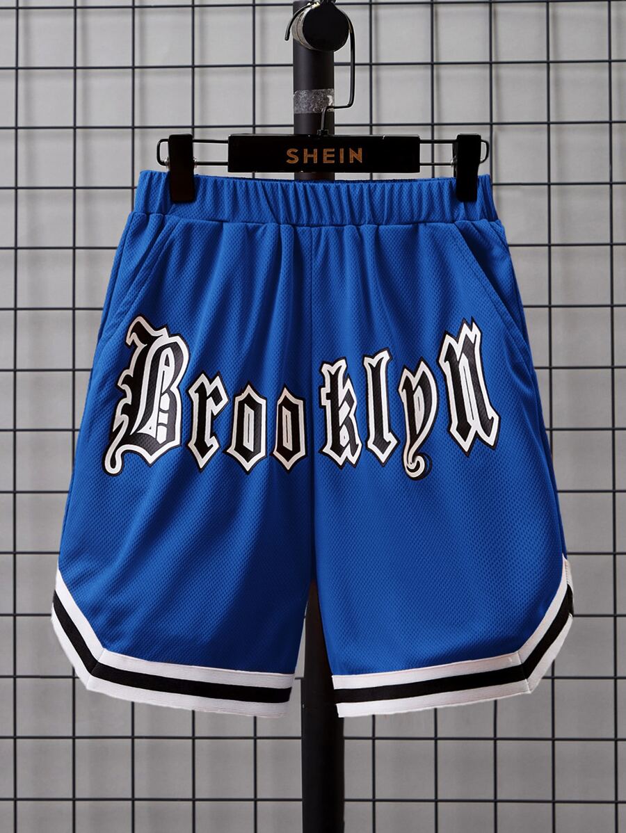SHEIN 青少年男孩字母印花運動短褲,帶有條紋口袋 - 寶藍色 - 查看 1