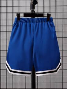 SHEIN 青少年男孩字母印花運動短褲,帶有條紋口袋 - 寶藍色 - 查看 2