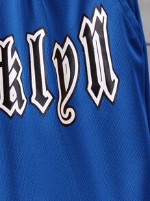 SHEIN 青少年男孩字母印花運動短褲,帶有條紋口袋 - 寶藍色 - 查看 3