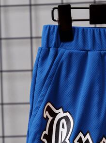 SHEIN 青少年男孩字母印花運動短褲,帶有條紋口袋 - 寶藍色 - 查看 4
