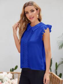 SHEIN Clasi لباس علوي اكتاف مكشكش دانتيل مزين ملابس العمل - أزرق غامق - مشاهدة 5