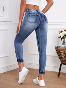 High Waist Bleach Wash Skinny Jeans - Dark Wash - View 2