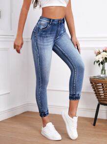 High Waist Bleach Wash Skinny Jeans - Dark Wash - View 1