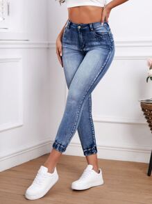 High Waist Bleach Wash Skinny Jeans - Dark Wash - View 4
