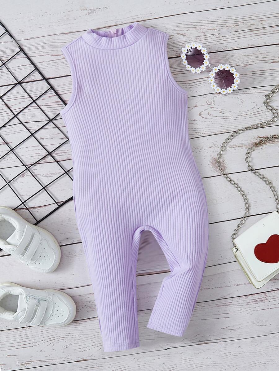 SHEIN Baby Ribbed Knit Sleeveless Jumpsuit - Lilac Purple - View 1