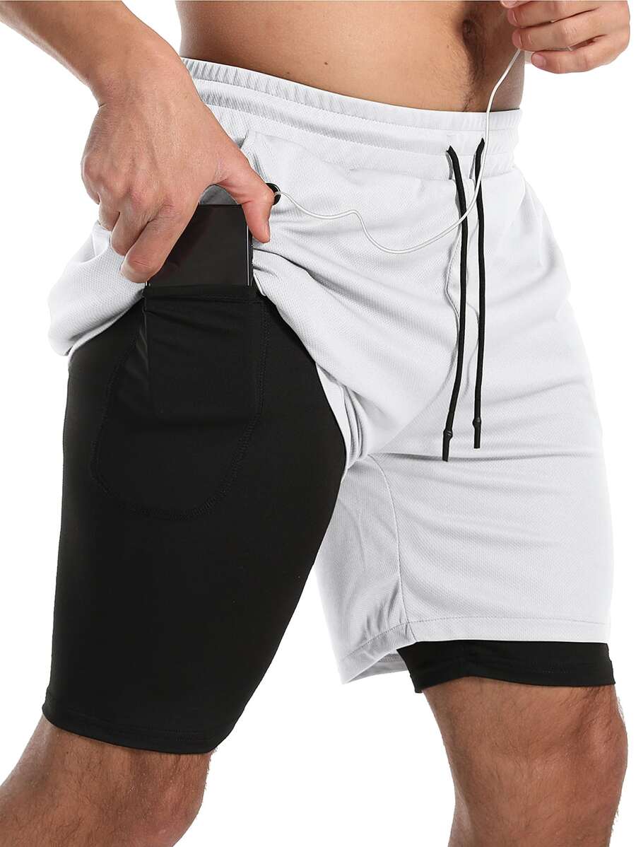 Men 2 In 1 Slant Pocket Sports Shorts With Towel Loop - Black and White - View 1