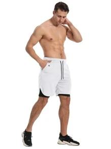 Men 2 In 1 Slant Pocket Sports Shorts With Towel Loop - Black and White - View 6
