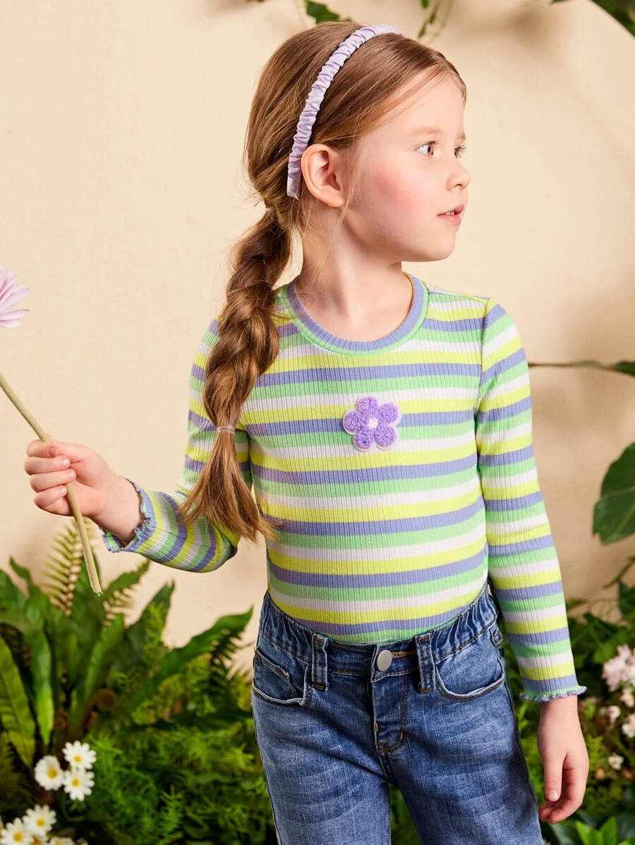 SHEIN 小女童條紋圖案花卉圖案補丁貼木耳邊T恤 - 薄荷綠 - 查看 1