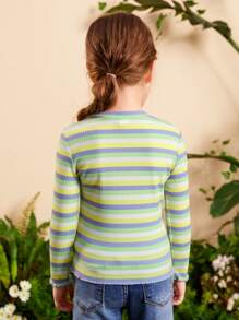 SHEIN 小女童條紋圖案花卉圖案補丁貼木耳邊T恤 - 薄荷綠 - 查看 2