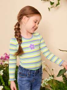 SHEIN 小女童條紋圖案花卉圖案補丁貼木耳邊T恤 - 薄荷綠 - 查看 5