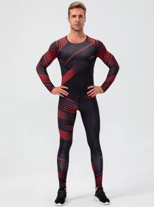 Men Polka Dot Print Top-Stitching Sports Set, Athletic Suit, Tracksuit Men Active Wearthermal Underweargym Suitthermal Wearactive Wear Sets - Black - View 4