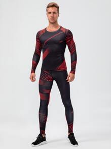 Men Polka Dot Print Top-Stitching Sports Set, Athletic Suit, Tracksuit Men Active Wearthermal Underweargym Suitthermal Wearactive Wear Sets - Black - View 5