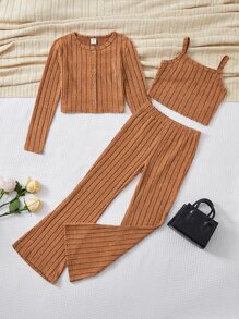 SHEIN Top De Punto Acanalado Para Niñas En Transición Y Pantalones Acampanados Y Camiseta Con Botones - Naranja - Ver 1